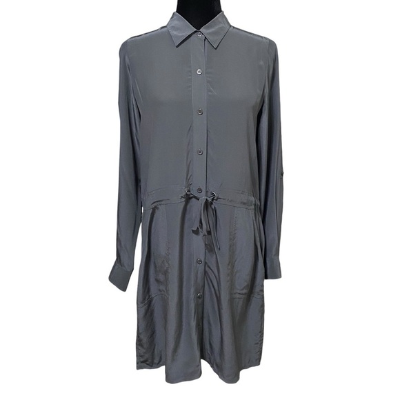 Eileen Fisher Silk Shirt Dress Gray Petite Small Drawstring Waist Minimalist - Picture 1 of 10